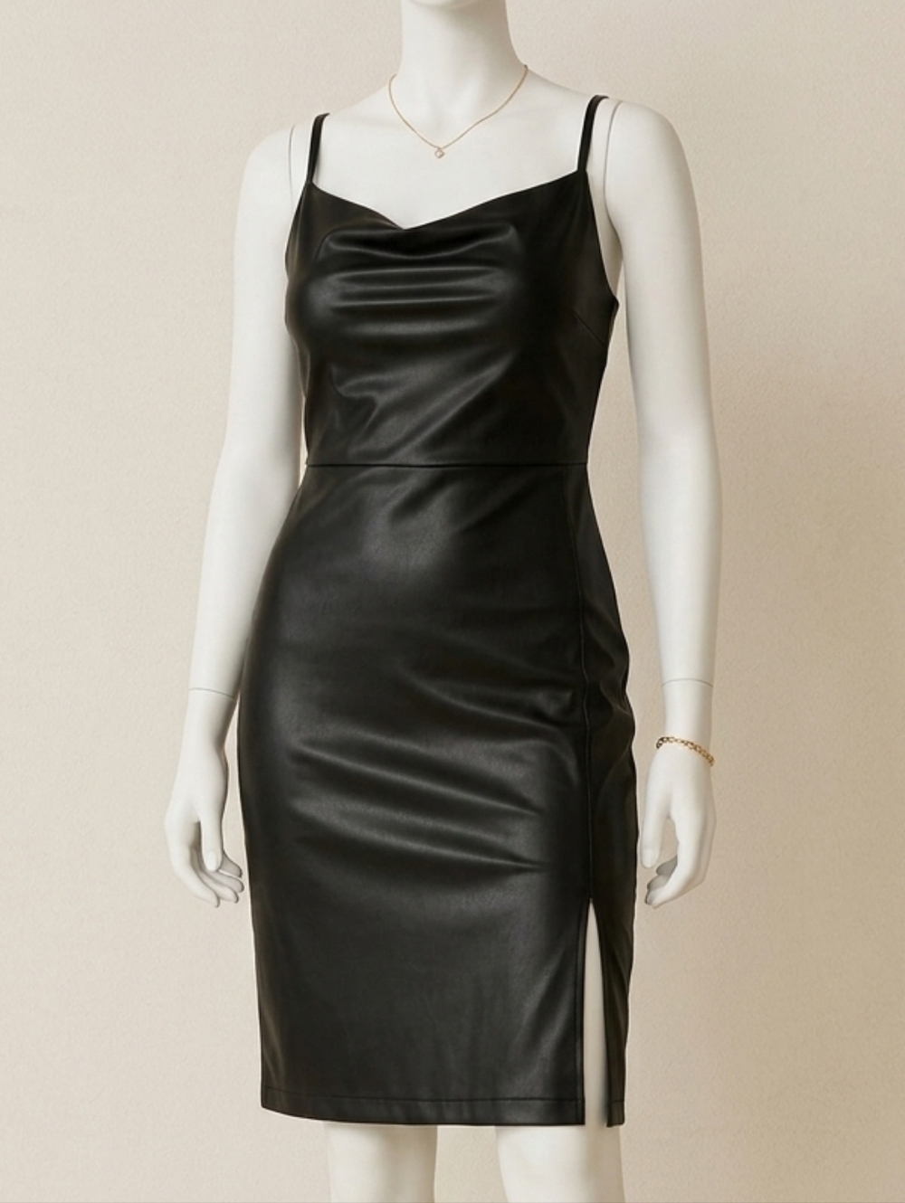 LaMarque Nitza Slip Black Faux Leather Dress with Side Slit Large